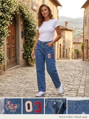 wild fable Blue Embroidered Patchwork Boyfriend Jeans